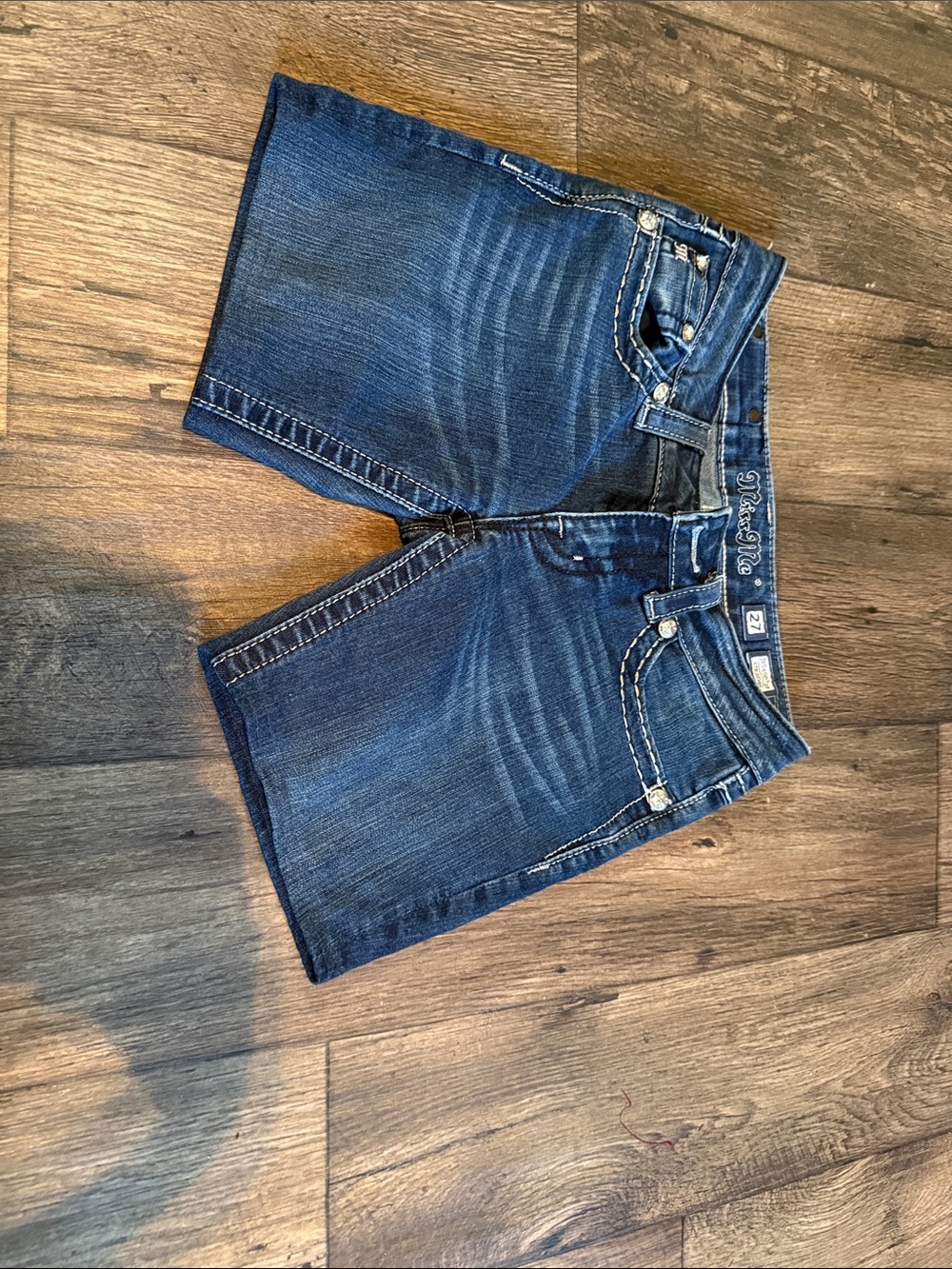 Miss Me Dark Blue Denim Shorts with White Stitching